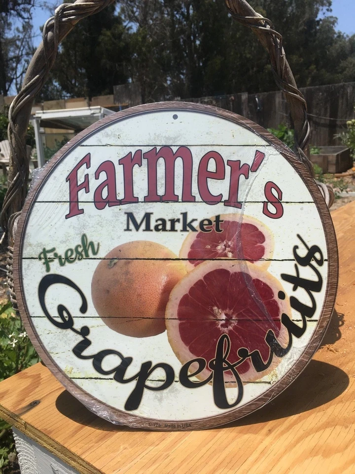Farmers Market Fresh Grapefruits Round Sign Vintage Garage Bar Decor Old Rustic - Image 1 of 1