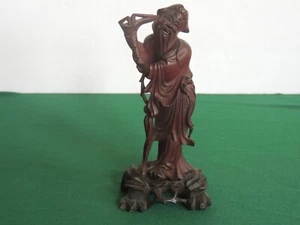 Antigua figura china de madera tallada inmortal 7" hombre base pedistal dientes con incrustaciones - Imagen 1 de 12