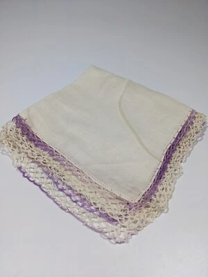Pañuelo Vintage Pañuelo Púrpura Blanco Crochet Borde Bolsillo Bufanda Ombre Irlandés Foto 1 de 4