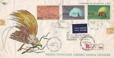 Indonesia FDC #597-9 1963 Bandung registrado en Estados Unidos; pájaro, mapas de actualidad *d Foto 1 de 2