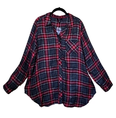 Intro NWT Beautiful Charcoal Red Silver Plaid Long Loose Soft V Neck Plus 1X - Image 1 of 4