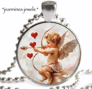 Cupid NECKLACE Valentines Day Gift Vintage Art Print Silver Charm Pendant - Picture 1 of 13