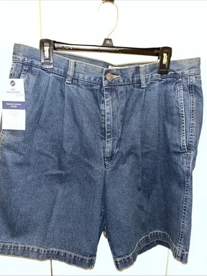 Pantalones cortos de mezclilla Dockers para hombre 34 cintura azul plisado 100 % algodón 9” entrepierna nuevos Foto 1 de 4
