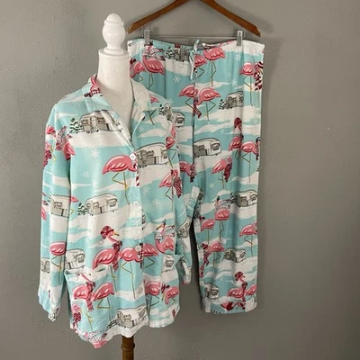 Nick & Nora Women's XL Flannel Pajama SET Flamingo Airstream Camper with FLAW - Image 1 of 4