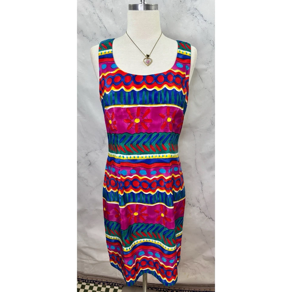 Vestido Vintage Años 90 Funda Estampado Floral Colorido Hippy Talla 8 M Abstracto Motivo Artístico Foto 1 de 4