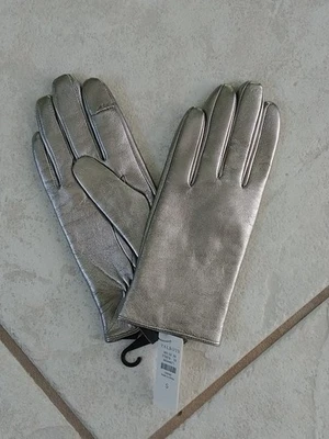 NUEVO Guantes Talbots Plateados Metálicos Cuero Tech Touch Pequeños Forrados en Cachemira Foto 1 de 4
