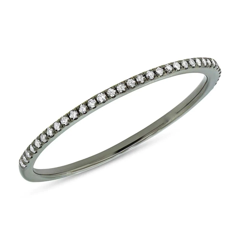 1 MM Diamond Band 14K Solid Gold Black Rhodium Ring Thin Stackable 0.10CT Round - Image 1 of 3