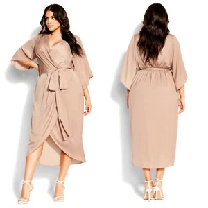 NEW Plus Size CITY CHIC Taupe SLEEK Wrap SILKY Satin FLARED Sleeve DRESS L = 20 - Picture 1 of 16