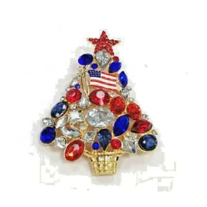 American Flag Crystal Rhinestone Tree Independence Day Patriotic Pin - VIDEO - Picture 1 of 6