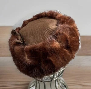 Sombrero Pastillero Visón Verdadero Vintage Años 60 Marrón Satinado Top Lazo Glam Hollywood - Imagen 1 de 20