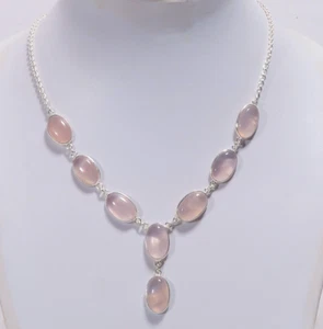 Natural Rose Quartz Gemstone 925 Sterling Silver Handmade Necklace 17" For Women - Picture 1 of 10