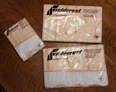 VTG Fieldcrest No-iron Percale FULL Sheet Set Peach Scalloped Edge MICHELLE - Image 1 of 4