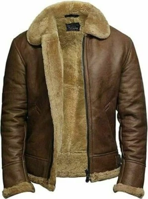Men's RAF Aviator B3 Flying Bomber New Shearling Real Leather Beige Brown Jacket - Image 1 of 4