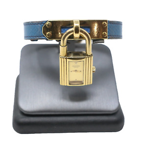 Hermes Kelly Watch Gold Blue Band Leather Women Wristwatch