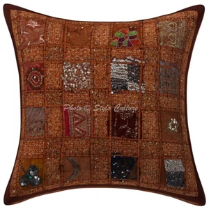 Copricuscino marrone patchwork zingaro fatto a mano indiano etnico tribale hippie cuscino - Foto 1 di 5