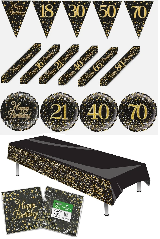 OAKTREE UK Black and Gold Sparkling Foil Birthday Banner & Bunting 18" Balloons Napkins
