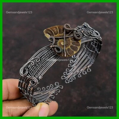 Brazalete hija envuelto en alambre de boda hecho a mano piedra fósil pera cobre amonita Foto 1 de 4