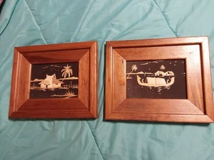 2 Vintage Set Malaysian Straw Art Wood Framed Wall Hangings Asian 11.5" X 9.5" - Picture 1 of 8