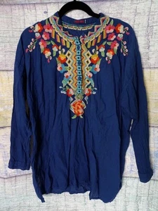 Johnny Was Embroidered Blue Floral Tunic Blouse Top Womens Long Sleeve Size Med - Picture 1 of 12