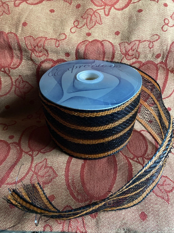 Halloween Black and Orange Open Weave Decorative Mesh Wreath Ribbon 4”X 25yds - Image 1 of 1