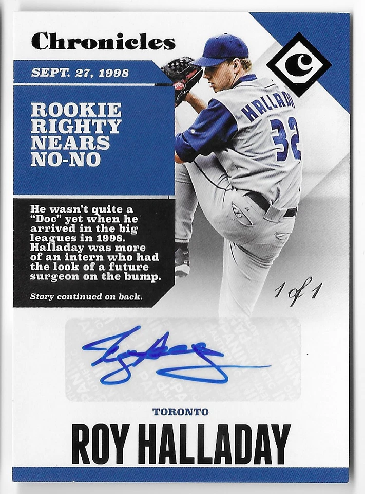 ROY HALLADAY 2017 PANINI CHRONICLES AUTO AUTOGRAPH CARD #1/1! - Image 1 of 1
