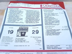 1994 Cuttlas Supreme Special Edition Oldsmobile - Original Label/Window Sticker - Picture 1 of 3