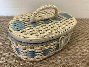 VINTAGE c.1960s blue and cream wicker sewing basket work box - Picture 1 of 14