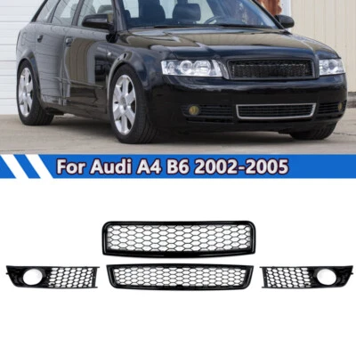 RS Style For Audi A4 B6 2002-2005 Black Front Upper Lower Grill+Fog Light Grille - Image 1 of 4