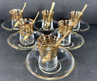 6 Sets Pasabahce Turkey Gold Stripe Trim Etched Tea Glass /Saucer / Spoons EUC