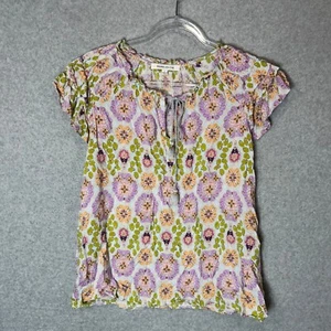 Blusa rosa e oliva donna grande stampa floreale manica corta cravatta collo top - Foto 1 di 7