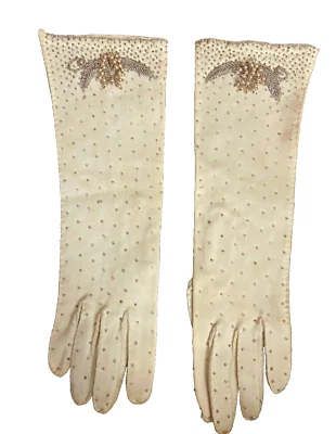 VTG  1950s Heavily Gold Beaded Ivory Gloves  13½ "X 8" Size 7 - Image 1 of 4