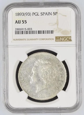 1893 PGL Spain 5 Pesetas Silver NGC AU 55 Youngbay Head  - Image 1 of 4