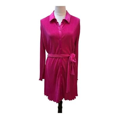 Hot Pink Pleated Button Front Shirt Dress Belted Midi Dress Size S - Image 1 of 4