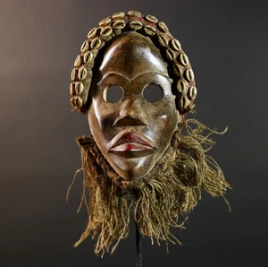 Auténtica máscara tribal Dan Cowrie Shell arte de pared de madera tallada a mano - G5696 - Imagen 1 de 24