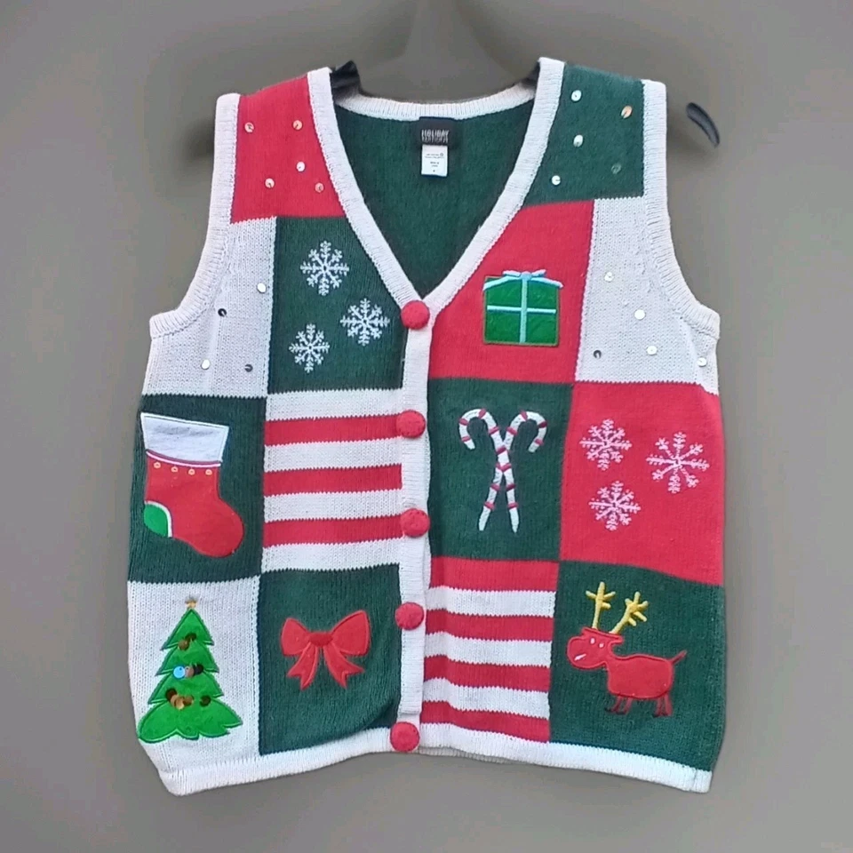 HOLIDAY EDITIONS VEST UGLY SWAETER WOMEN SZ S GREEN COLOR BLOCK V NECK STRETCH - Image 1 of 4