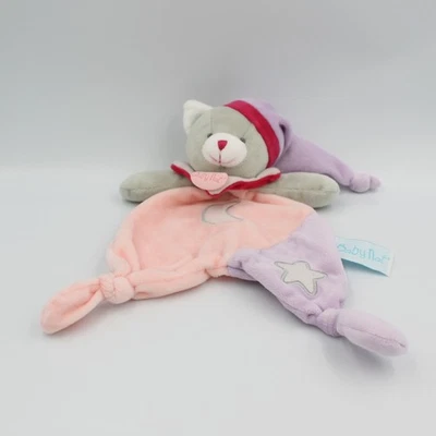 Doudou luminescent plat chat gris rose mauve étoile lune BABY NAT - 20386 - Photo 1/2