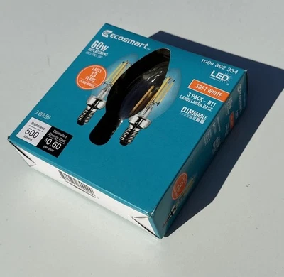 Ecosmart 60W B11 LED Soft White Dimmable Candelabra Base 3 Pack - Brand New - Image 1 of 4