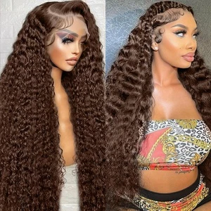 ABSFWIW 30 Inch Chocolate Brown Lace Front Wig Human Hair 13x6 Deep Wave Lace... - Picture 1 of 7
