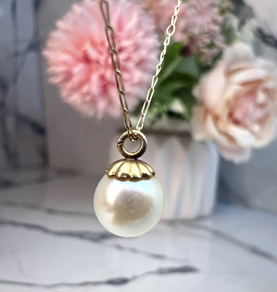🎄 Solid 14k Yellow Gold Necklace Pearl 18” Christmas Gift for her Vintage Chain - Image 1 of 4
