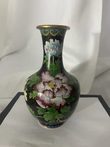 Midcentury Black 9" Cloisonne Vase Yellow PinkGreen - Picture 1 of 15