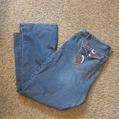 Pantalones de mezclilla Earl Boot Cut 22W elásticos bigotes botón bolsillo trasero pedrería usados en excelente estado Foto 1 de 3