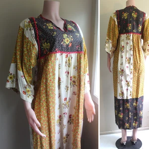 Vintage 60s Hippy Floral S Maxi Dress JCPenney Loungewear Cotton Kimono Sleeve - Picture 1 of 9