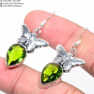 Sterling Silver Genuine Peridot Hook Dangling Handcrafted Wife Earrings Jewelry - Picture 1 of 8