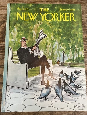 Vintage May 8, 1971 New Yorker Cover Charles Saxon Man on Park Bench w/ Pigeons Foto 1 de 4