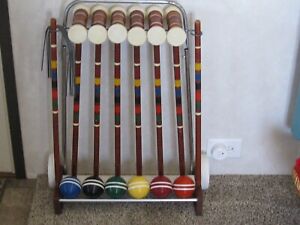 Vintage Forster Croquet 6 Player set with Rolling Cart 2 Striped Balls
