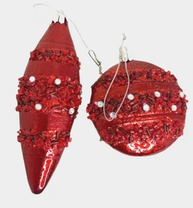 #5378 Pair Of Red Beaded Christmas Ornaments 6 X 2.5 - Picture 1 of 5