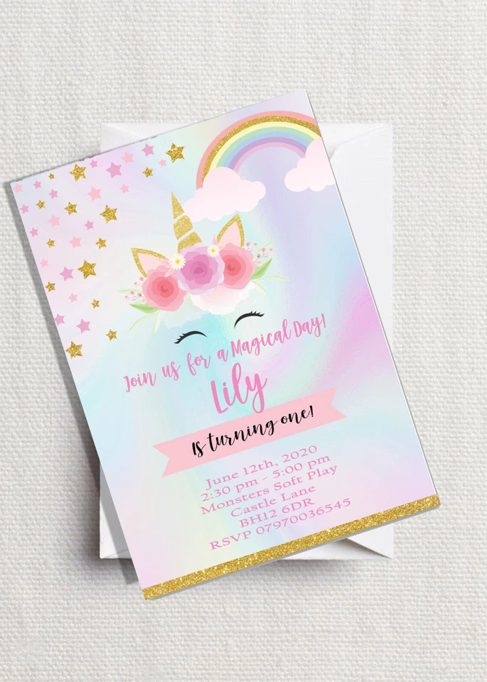 Unicorn Personalised Birthday party invitations invites Girls
