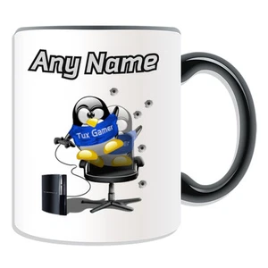 Personalised Gift Tux Gamer Mug Money Box Cup Fun Novelty Penguin Adventure Name - Picture 1 of 21