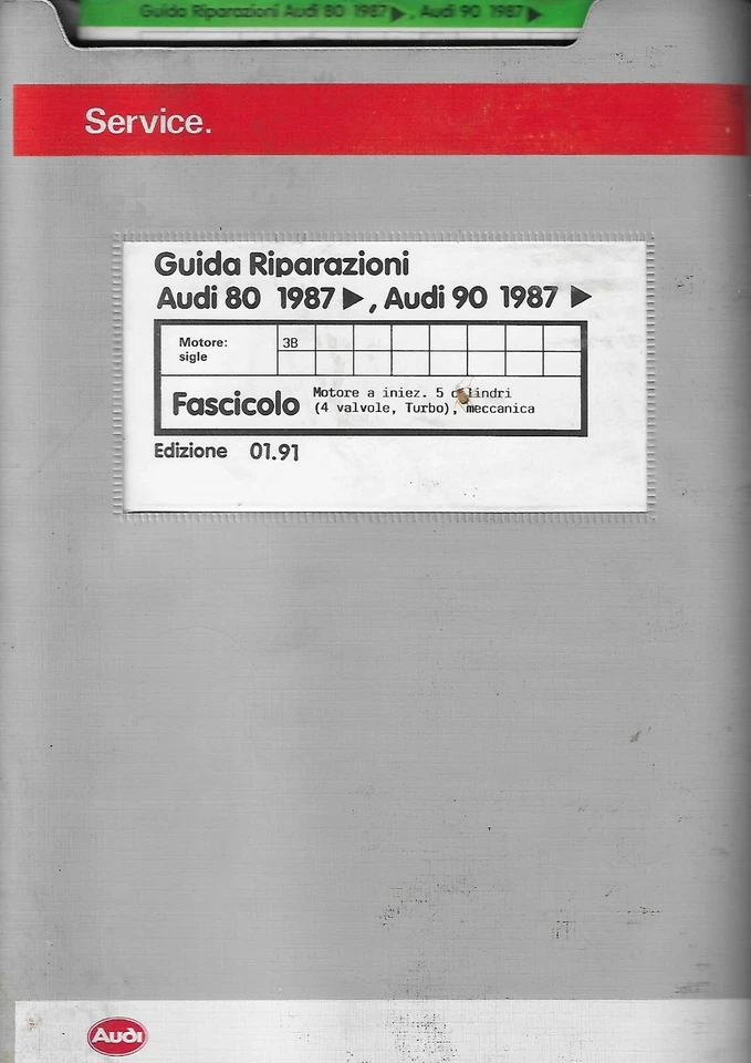 Manuale d'Officina RIPARAZIONI MOTORE 3B  Audi 80 '87 2.200 5 cil. turbo S2  S4 - Immagine 1 di 1