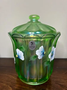 FENTON Green Jar & Lid Handpainted Original Sticker Marked Artist Signed K Riley - Picture 1 of 4